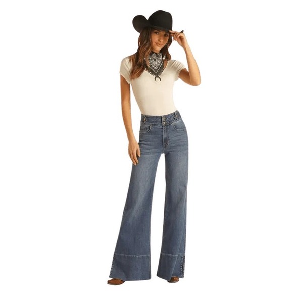 Rock & Roll Denim Denim - Rock Roll Denim Jeans 32x30 Palazzo Flare High Rise Western Stretch Womens